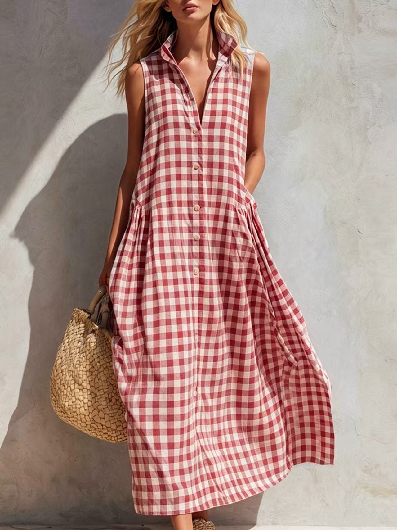 Women's Summer Resort Seaside Plaid Sleeveless Loose Long Dress