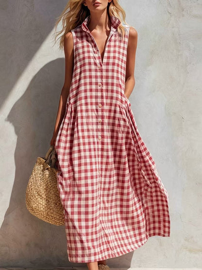 Women's Summer Resort Seaside Plaid Sleeveless Loose Long Dress