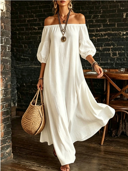 White Off‑Shoulder Balloon Sleeve Flowy Maxi Dress