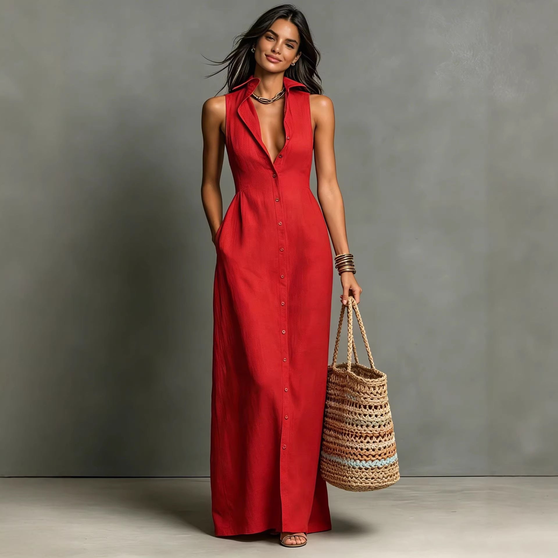 Women's Minimalist Linen-Blend Collared Single-Breasted Sleeveless Maxi Shirt Dress