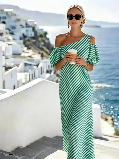 One Shoulder Cold Shoulder Puff Sleeve Striped Maxi Dress