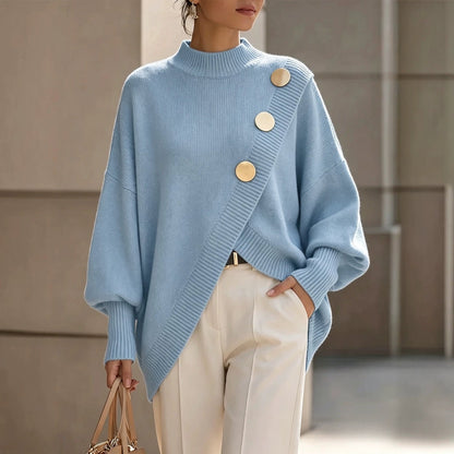 Mock Neck Oversized Batwing Sleeve Asymmetric Hem Knit Sweater With Decorative Gold Buttons