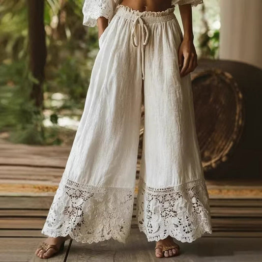 Women's Solid Color High-waisted Drawstring Wide-leg Pants With Cotton And Linen Lace Trim