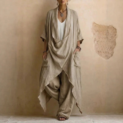 Casual Bohemian Style Suit Consists Of Two Pieces, A Long Linen Cotton Top And Trousers