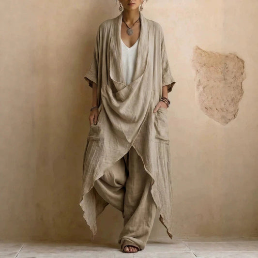 Casual Bohemian Style Suit Consists Of Two Pieces, A Long Linen Cotton Top And Trousers