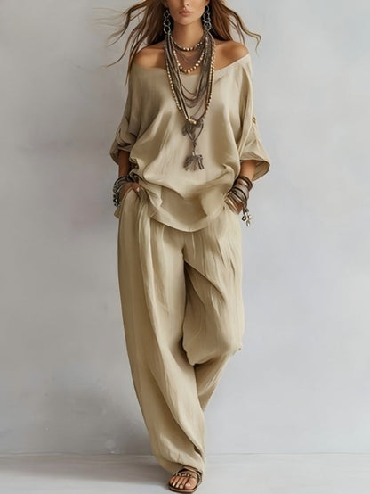 Women'S One-Shoulder Loose Top Wide-Leg Pants Cross-Border Two-Piece Set