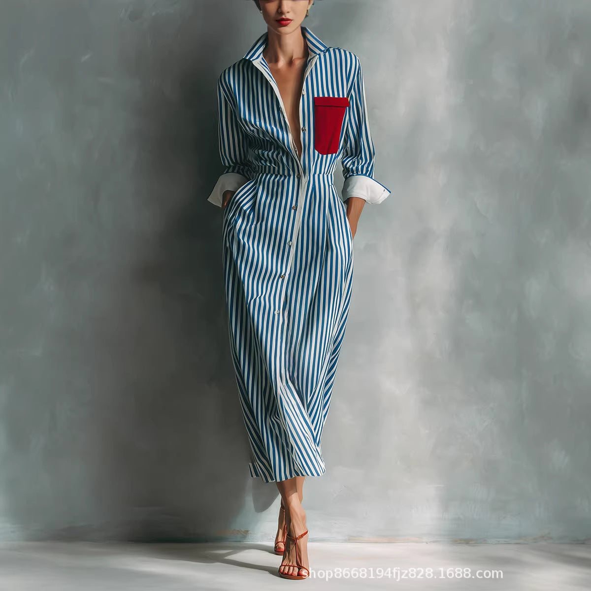 Women's Blue And White Cotton Blend Striped Shirt Dress With Red Chest Pocket