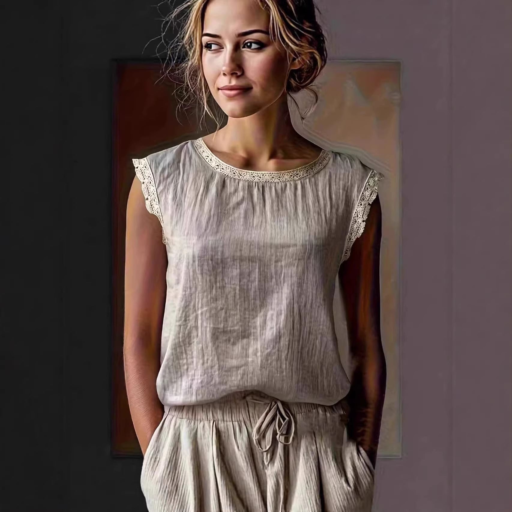 Women'S Retro Loose Solid Color Round Neck Lace Splicing Sleeveless Linen Shirt