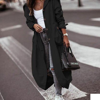 Oversized Hooded Long Trench Coat, Button Front Loose Fit Outerwear With Large Pockets And Adjustable Cuffs For Casual Daily Wear