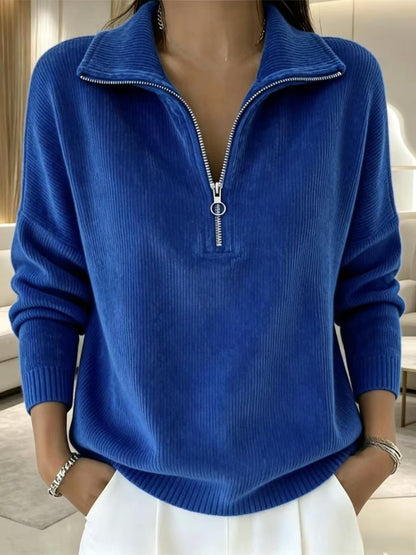Half-Zip Ribbed Knit Collared Sweater