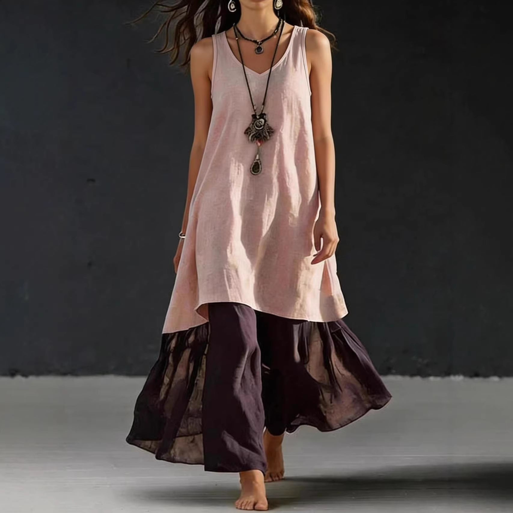 High-Low Tunic Top & Sheer Layered Wide Leg Pants