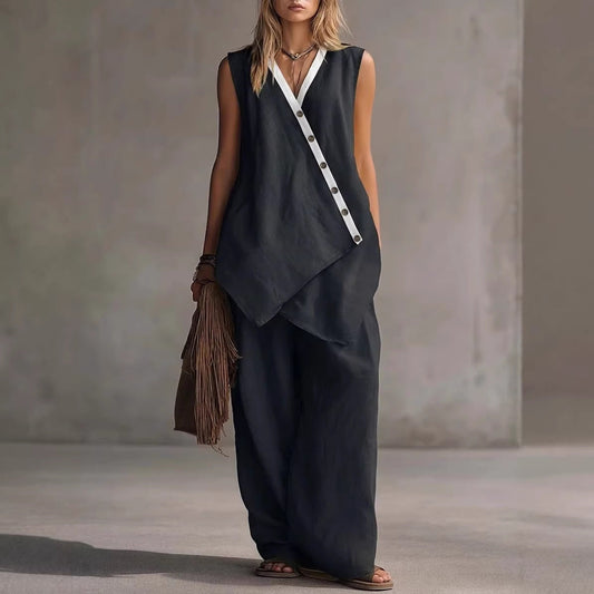 Bohemian V-Neck Irregular Button Vest Wide-Leg Pants Casual Suit