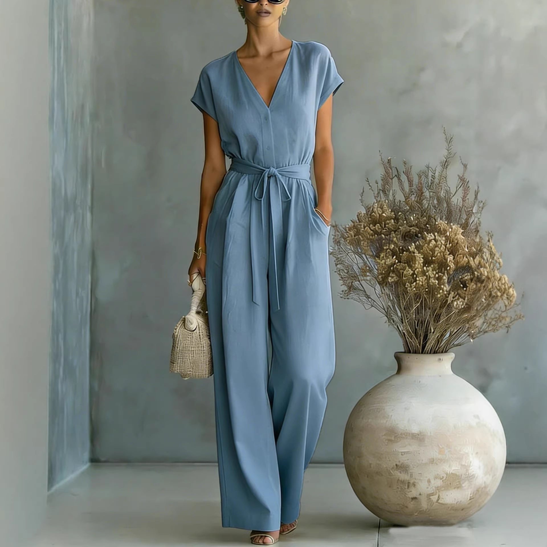 Elegant V-Neck Belted Jumpsuit for Women - Casual & Chic One-Piece Outfit for Everyday & Occasion Wear