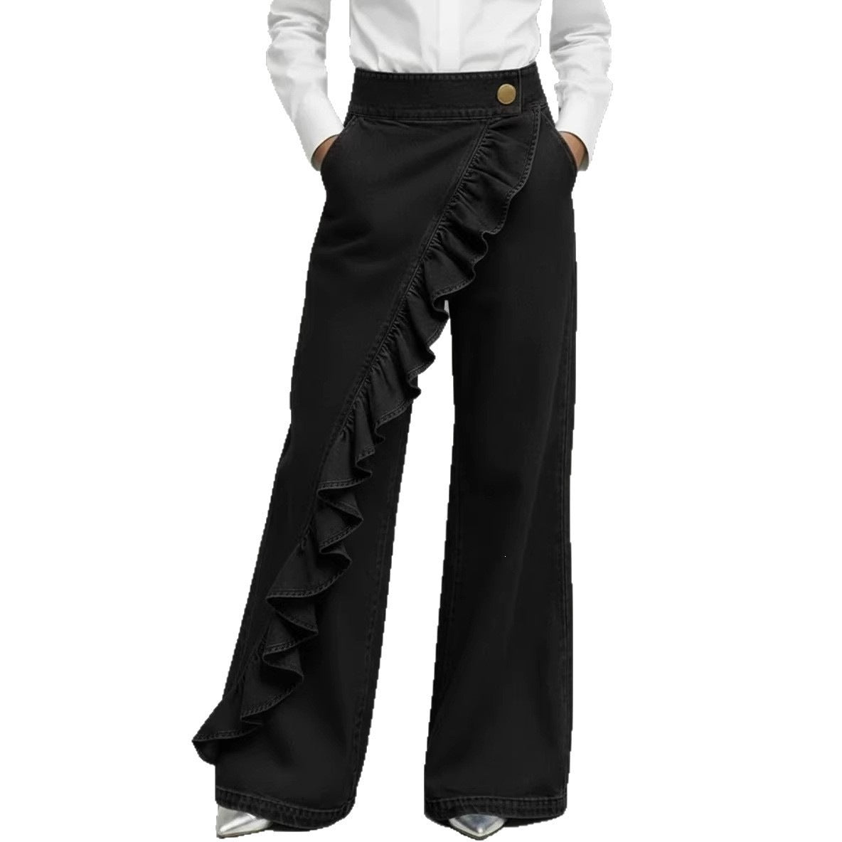 Ruffle Accent High-Waist Wide-Leg Jeans