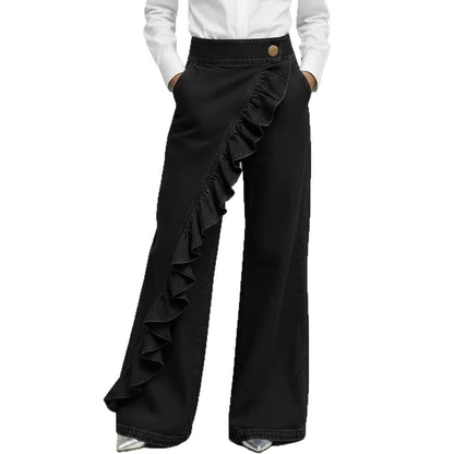 Ruffle Accent High-Waist Wide-Leg Jeans