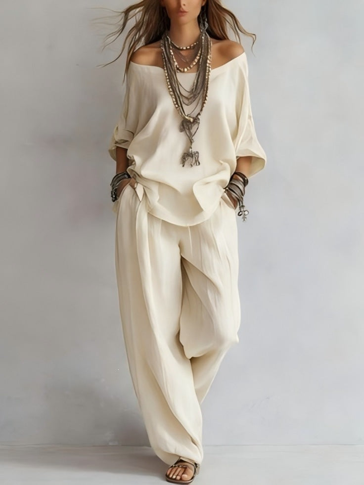 Women'S One-Shoulder Loose Top Wide-Leg Pants Cross-Border Two-Piece Set