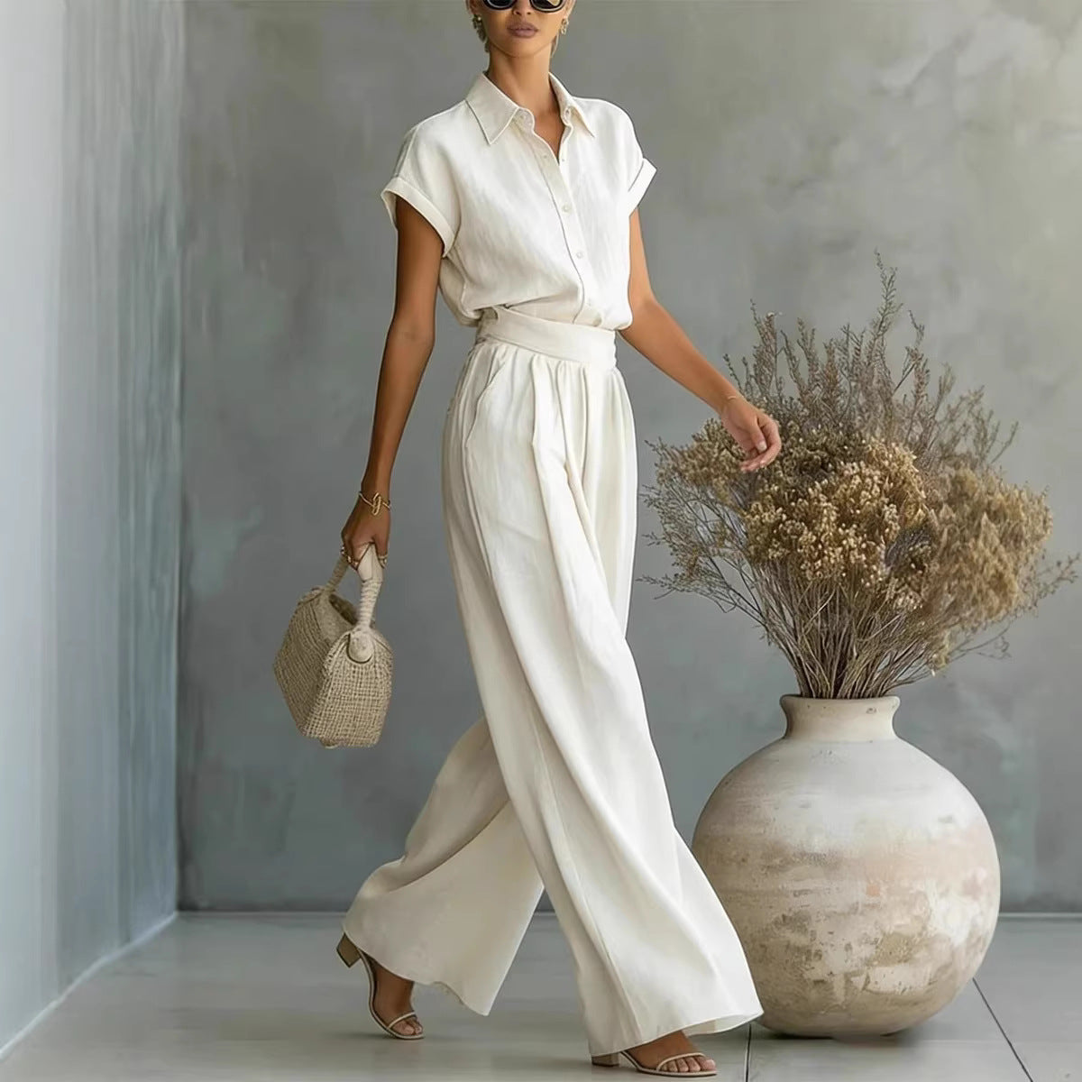 Cap Sleeve Collared Shirt & High Waist Wide Leg Pants Two Piece Set