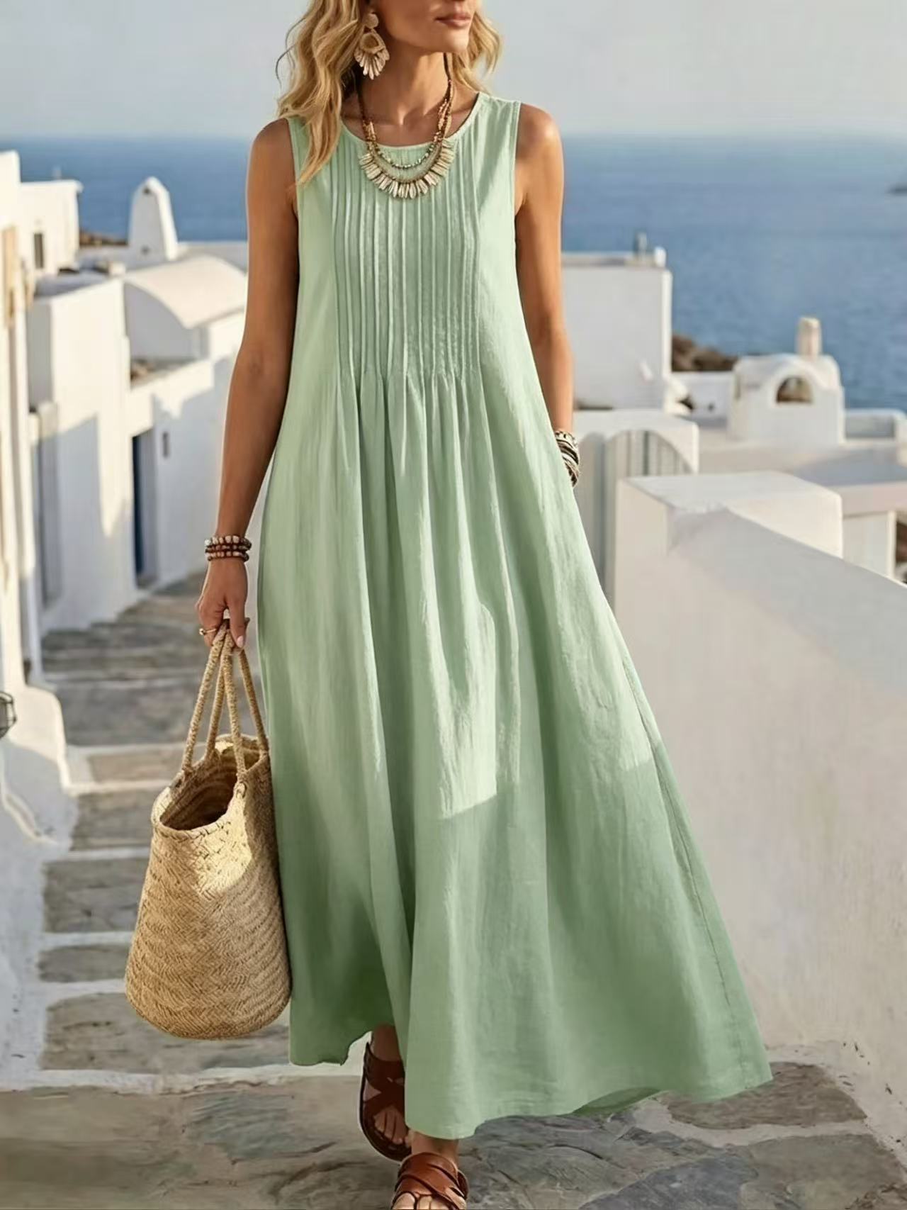 Pleated Pocket Linen Blend Vacation Maxi Dress