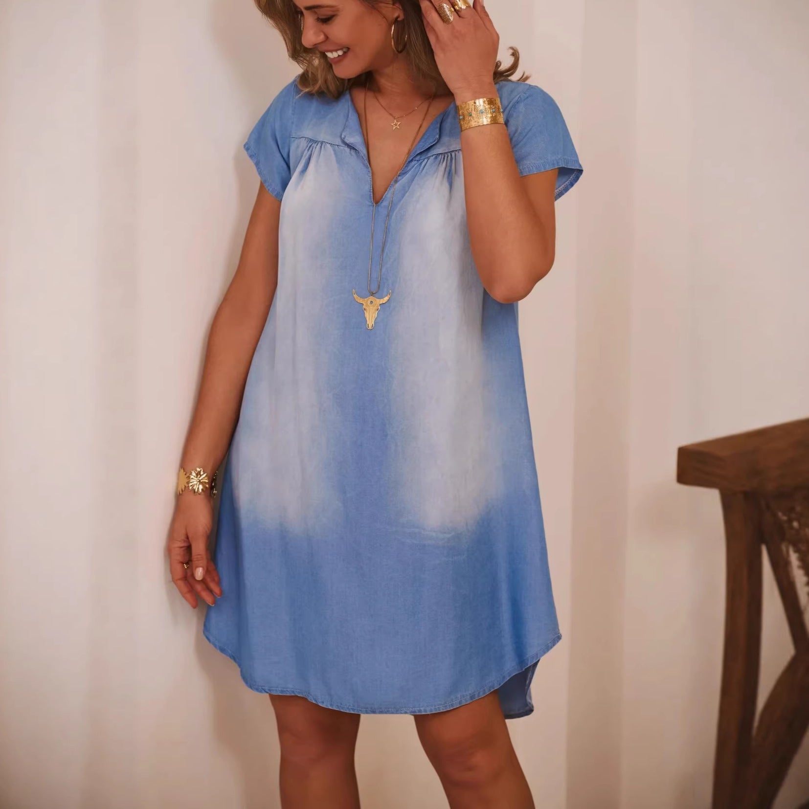 Ombre Bleached Denim Shift Dress