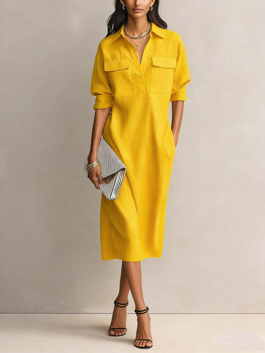 Utility Pocket Half Placket Midi Shirt Dress