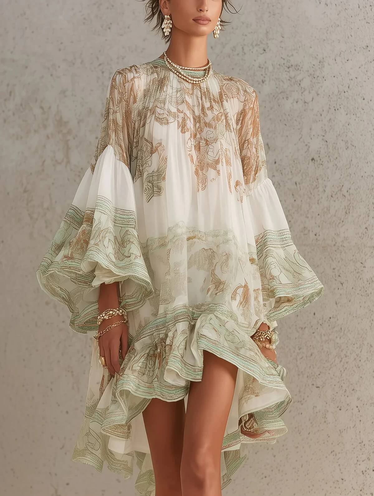Boho Printed Ruffled Flare Sleeve Stretchy Polyester Womens Mini Dress