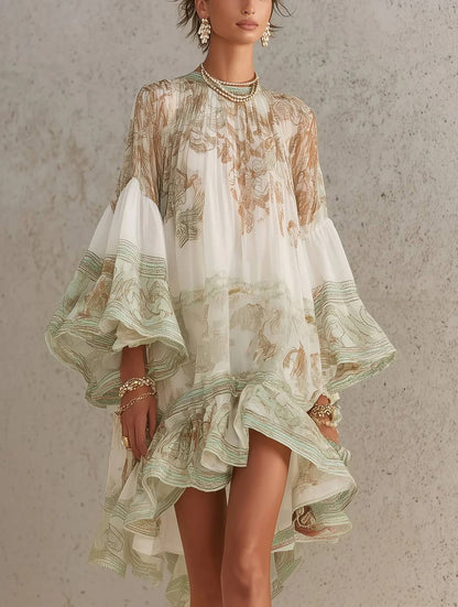 Boho Printed Ruffled Flare Sleeve Stretchy Polyester Womens Mini Dress
