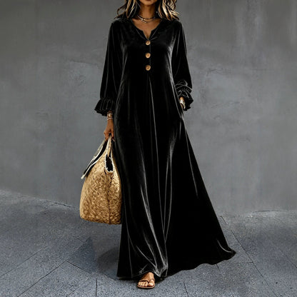 Women's V‑Neck Velvet Ruffle Cuff Maxi Dress