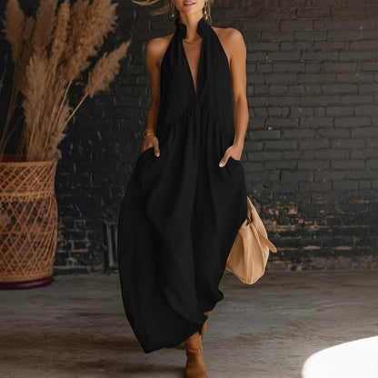 Sleeveless Stand Collar Solid Color Long Vacation Dress