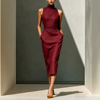 Women'S Elegant Sleeveless Slim Fit Hip-Covering Mid-Length Dress