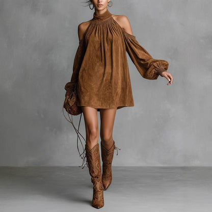 Urban Plain Stand Collar Mini Denim Dress