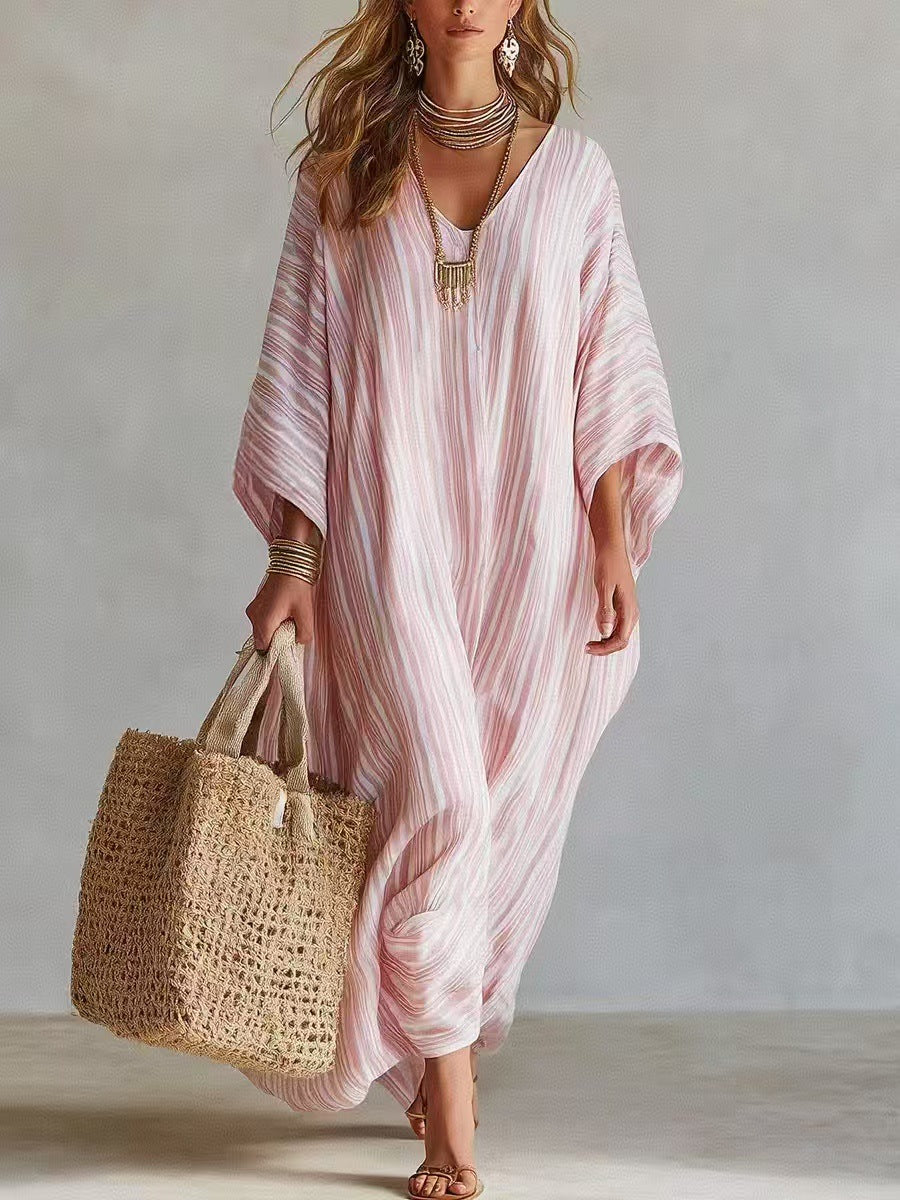 Women's Light Striped Linen-Blend Kaftan Maxi Dress - Oversized V-Neck Beach Cover-Up