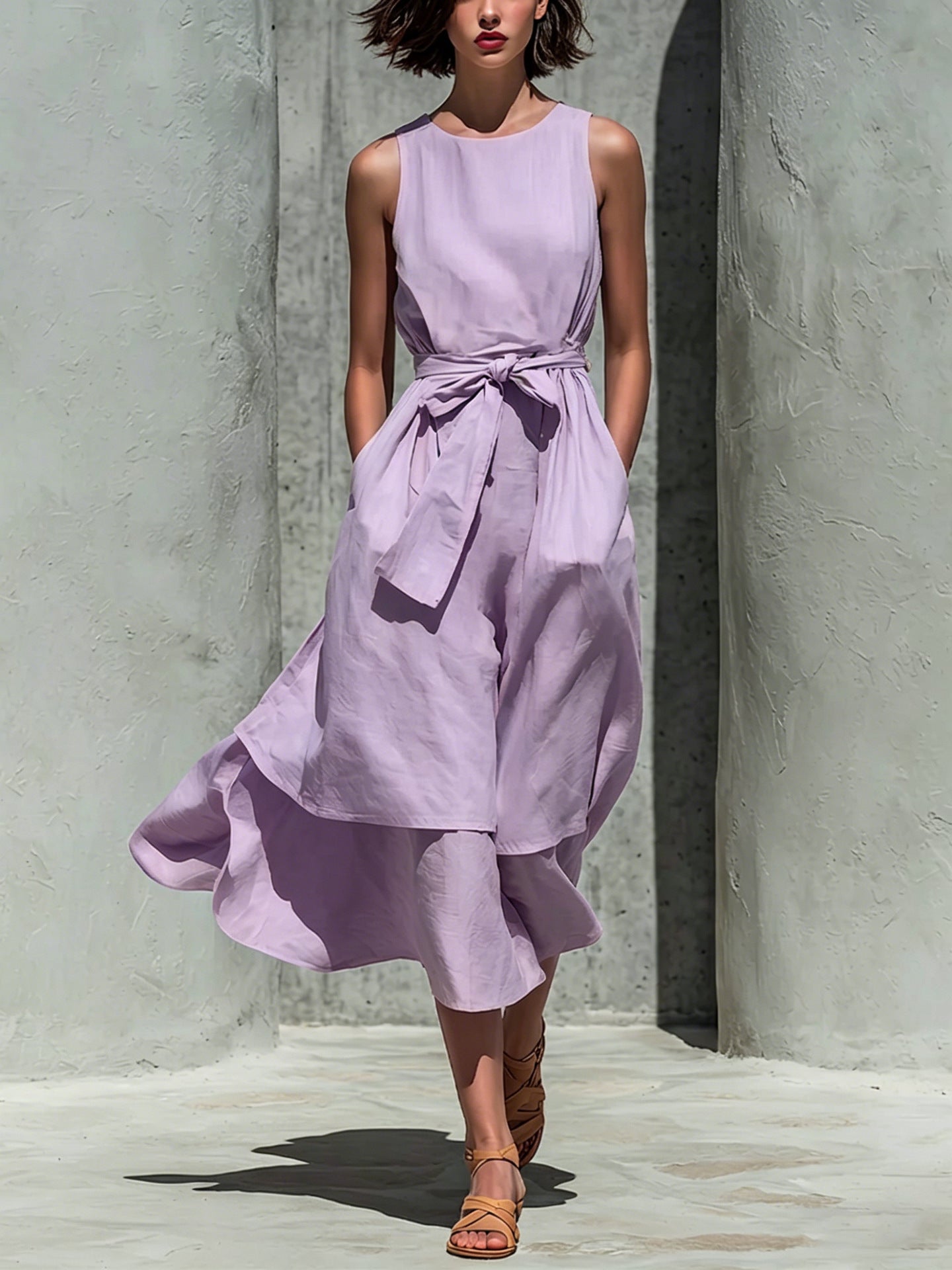 Sleeveless Tie Waist Layered Linen Midi Dress
