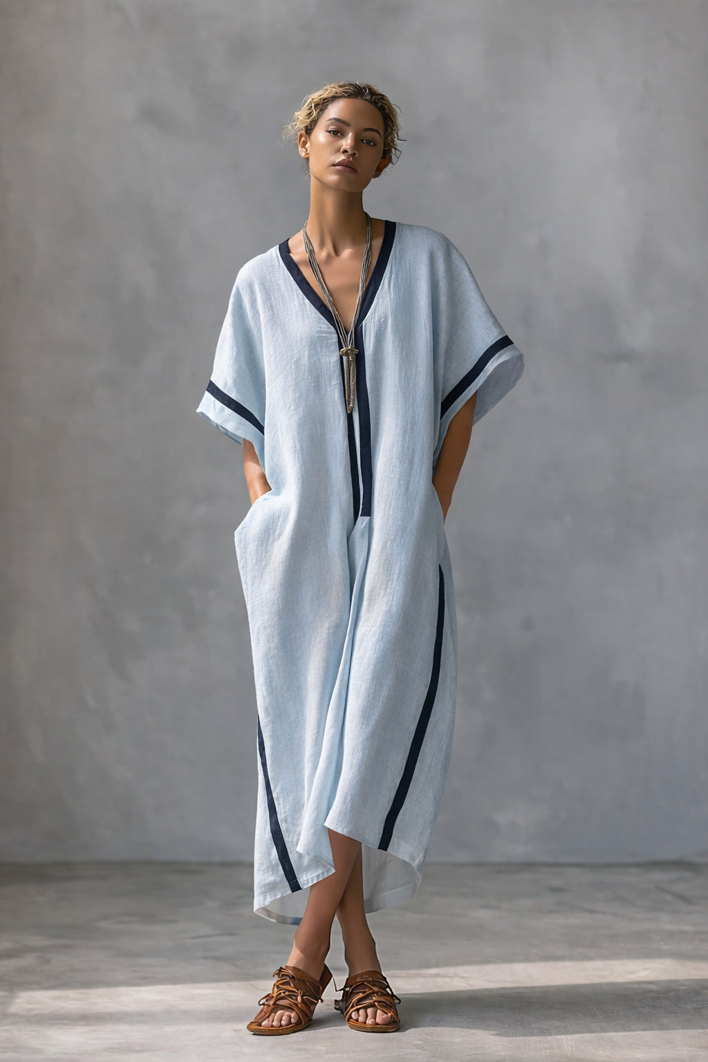 Linen Blend V-Neck Kaftan Dress