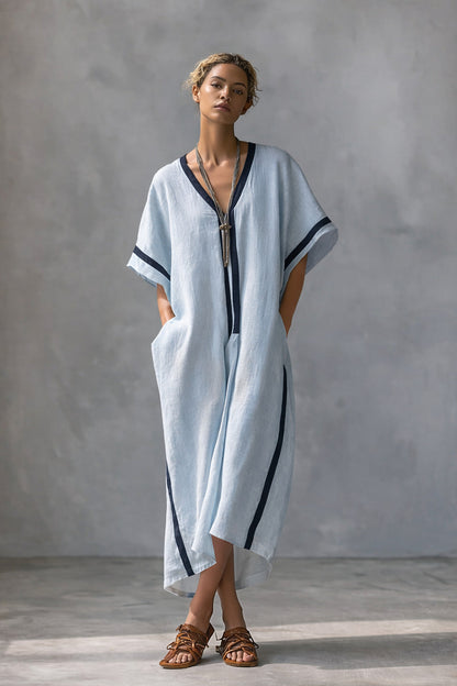 Linen Blend V-Neck Kaftan Dress