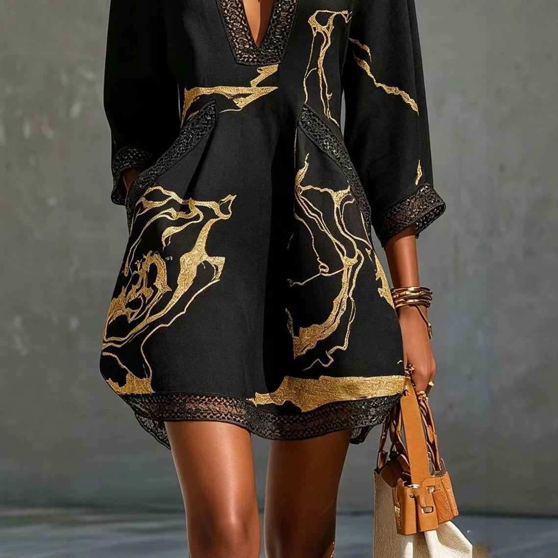 Black Gold Printed V-neck Crochet Lace Mini Dress