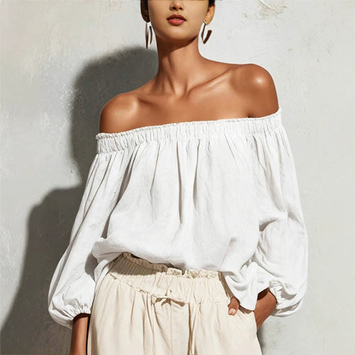 Women Off Shoulder Puff Bubble Sleeve Crinkled Casual Blouse