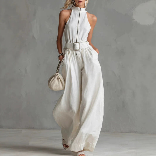 Women's White Linen-Blend Halter Wide-Leg Jumpsuit with Belt