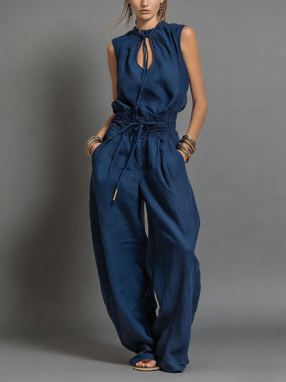 Beige Linen-Blend Smocked-Waist Jumpsuit
