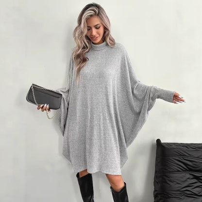 Women's Mock Neck Batwing Long Sleeve Ribbed Knit Mini Dress