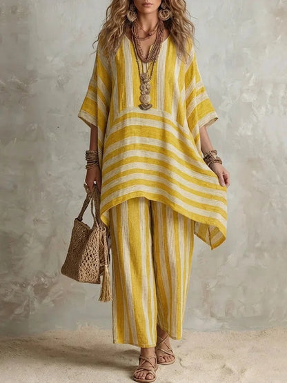 V-Neck Loose Striped Casual Two-Piece Suit