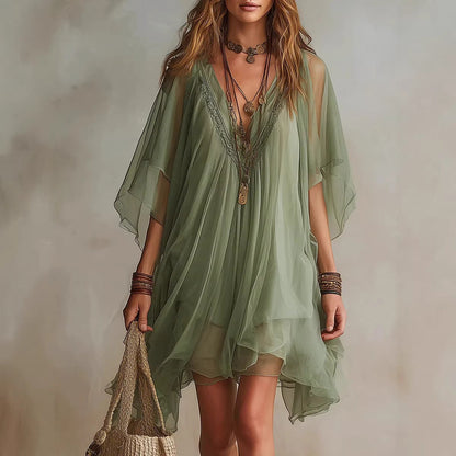 Fashion V-Neck Chiffon 2-Piece Dress Seaside Vacation Loose Blouse Beach Skirt