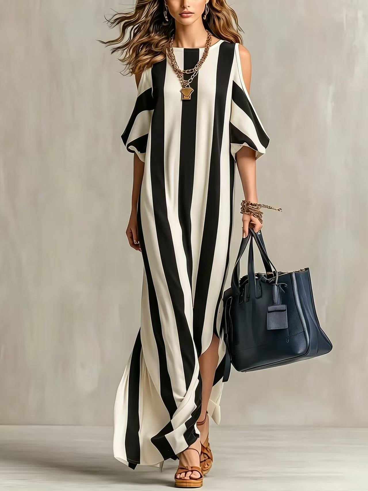 Vertical Stripe Cold Shoulder Split Maxi Shift Dress