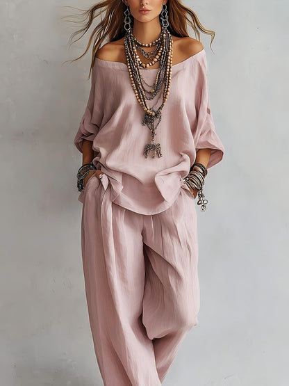 Women'S One-Shoulder Loose Top Wide-Leg Pants Cross-Border Two-Piece Set
