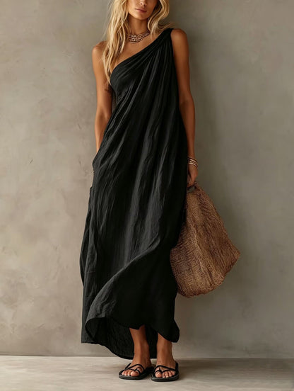 Dusty Pink One Shoulder Ruched Linen Maxi Dress