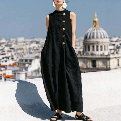 Sleeveless Stand Collar Linen Midi Maxi Dress with Side Buttons