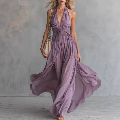 Women'S Sexy Solid Color V-Neck Sleeveless Waist Dress
