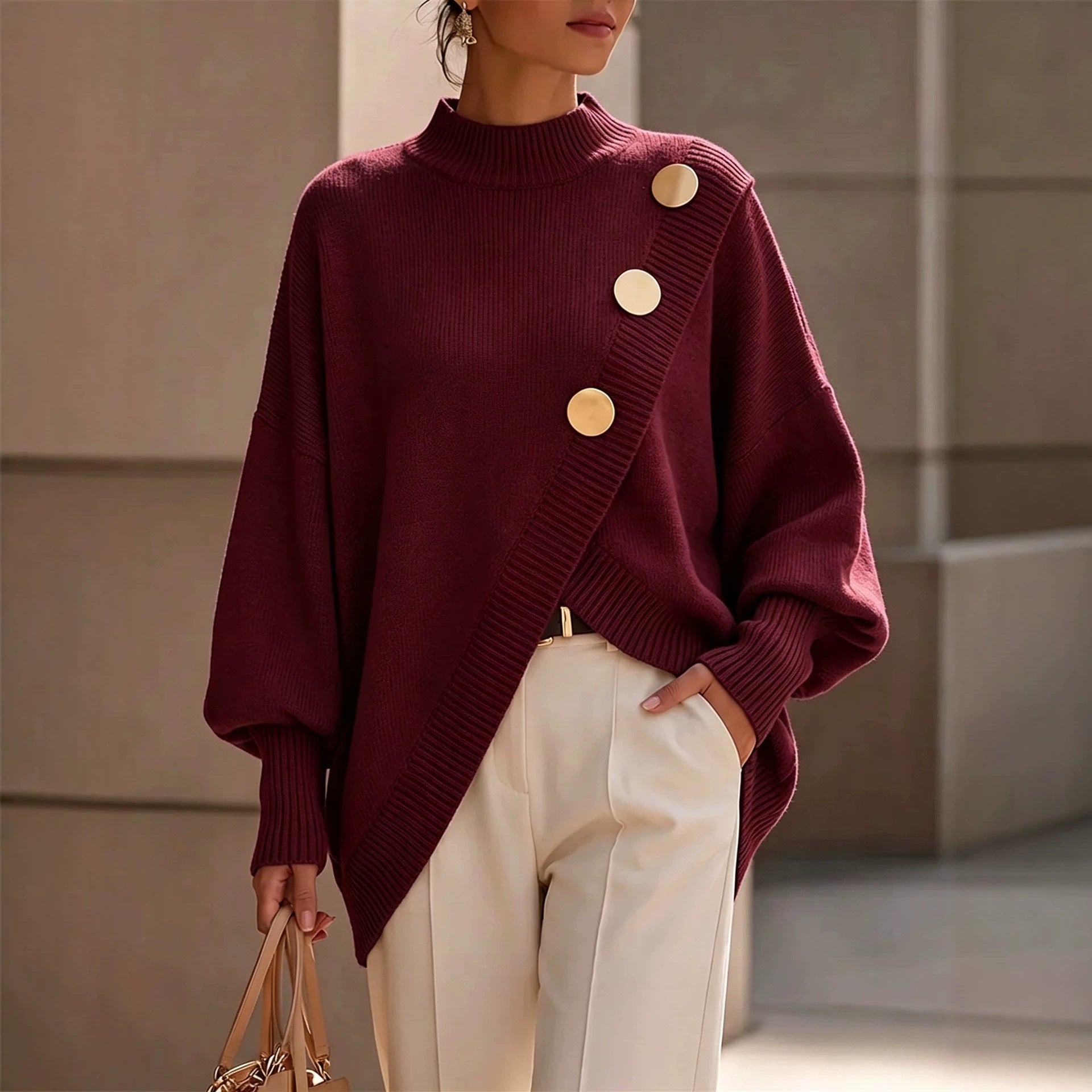 Mock Neck Oversized Batwing Sleeve Asymmetric Hem Knit Sweater With Decorative Gold Buttons