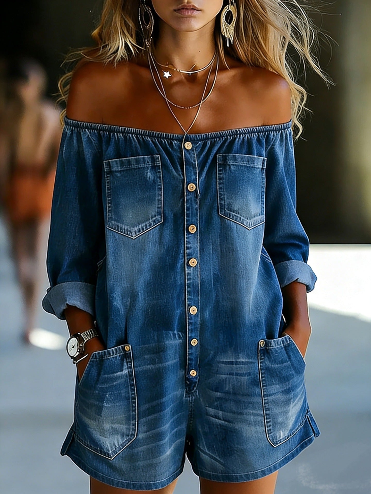 Effortlessly Cool Off-Shoulder Denim Romper