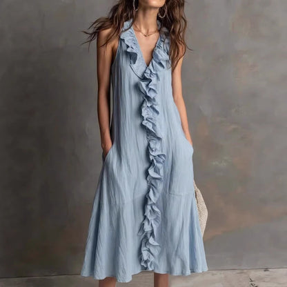 🌿 Ruffle V-Neck Sleeveless Midi Dress
