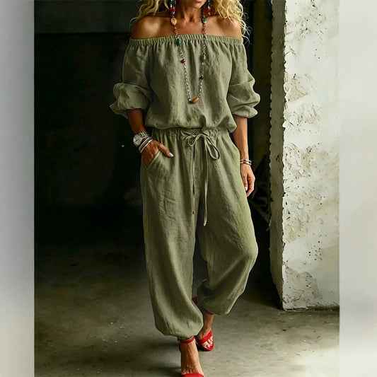 Sage Linen Off Shoulder Drawstring Waist Jogger Jumpsuit